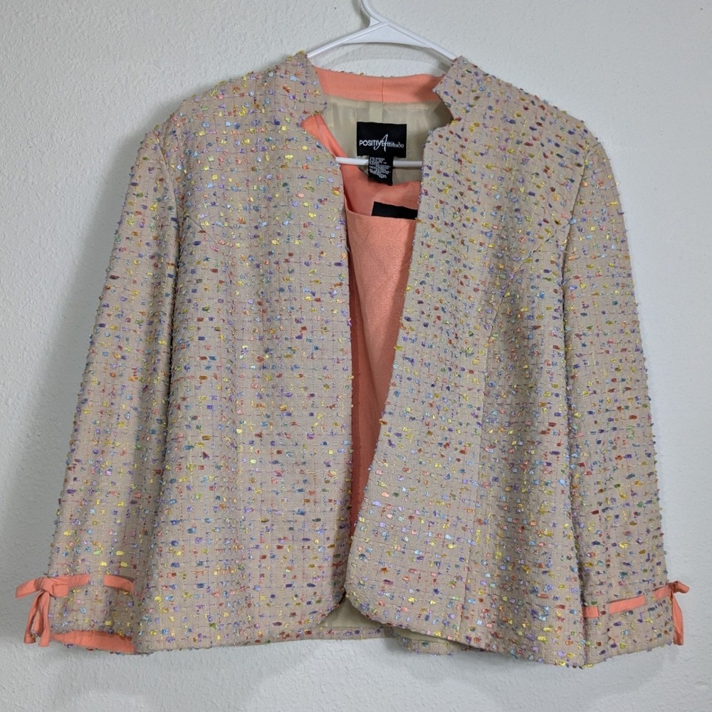 Positive Attitude Womens 14 Confetti Textured Blazer and Peach Shell 2 Piece Set